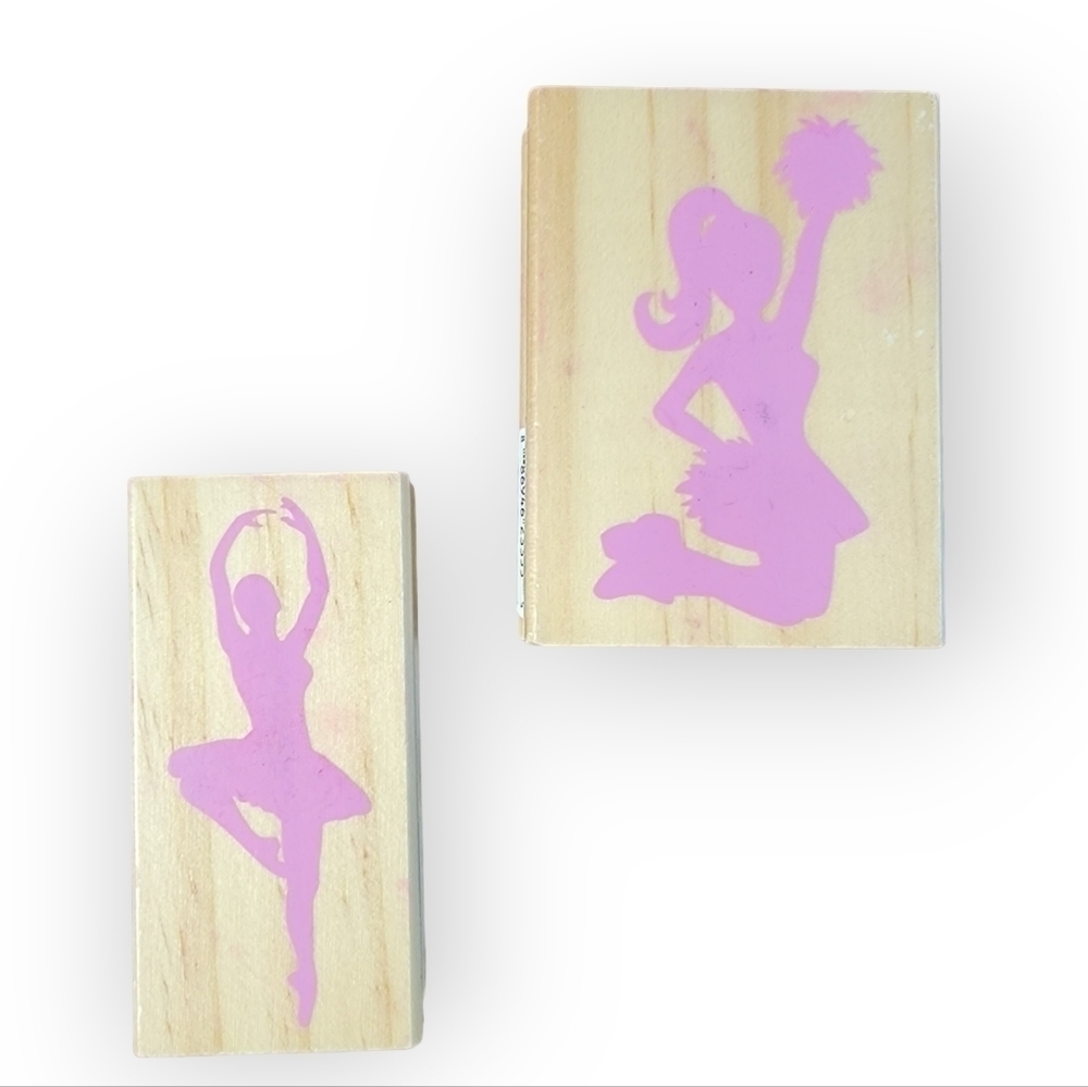 Lot of 2 wooden block rubber stamps Cheerleader Ballerina